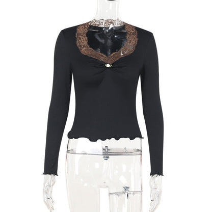 Elegant Slim-Fit Lace V-Neck Long Sleeve Top White