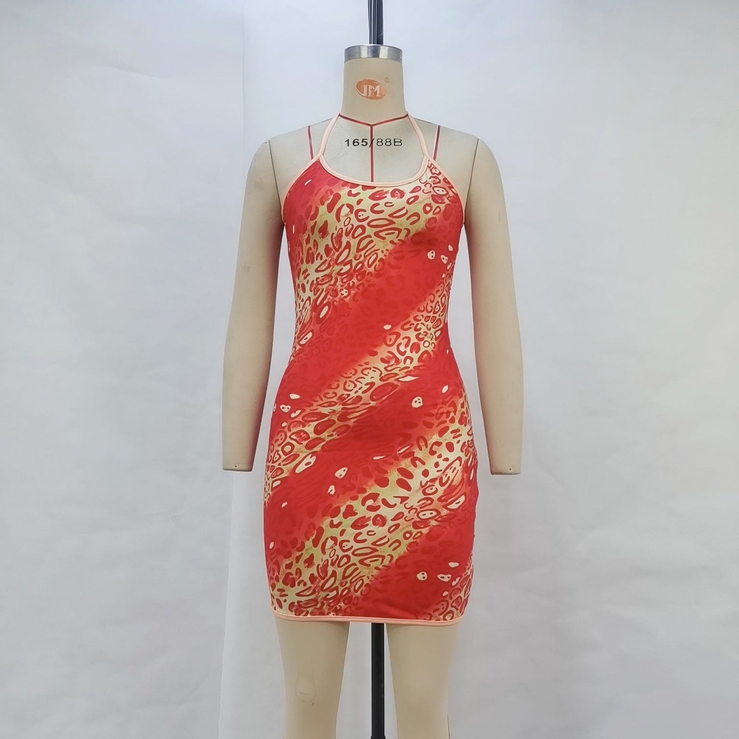 Leopard Print Bodycon Mini Dress with U-Neck and Halter Tie