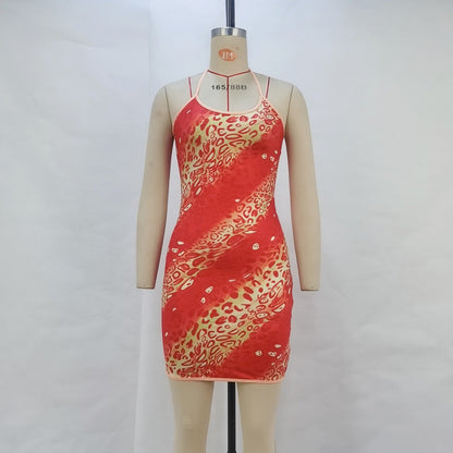 Leopard Print Bodycon Mini Dress with U-Neck and Halter Tie