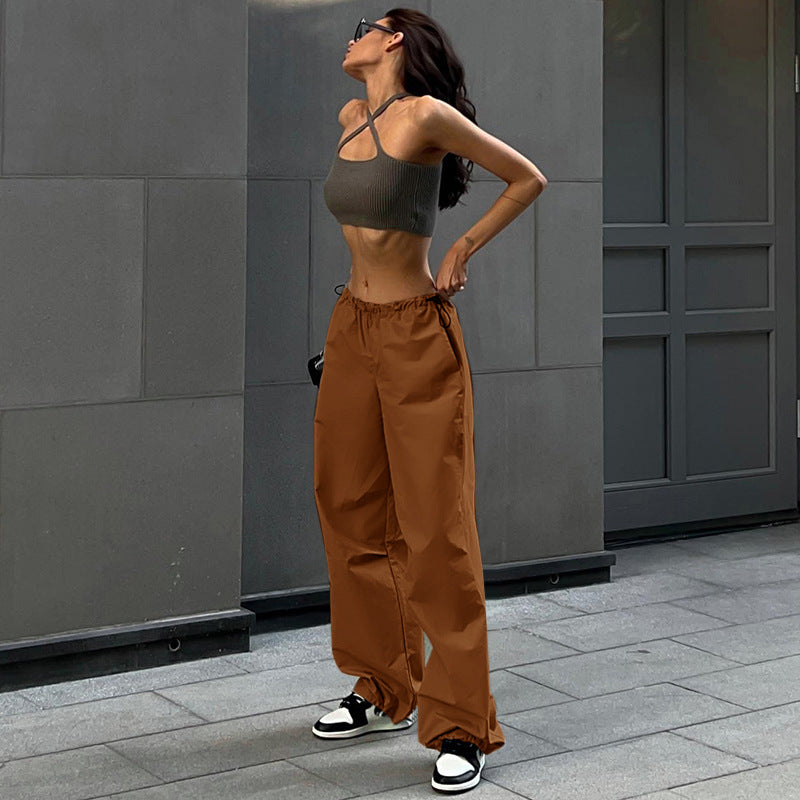 Loose Parachute Trousers with Drawstring Waist and Cuffs