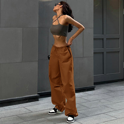 Loose Parachute Trousers with Drawstring Waist and Cuffs