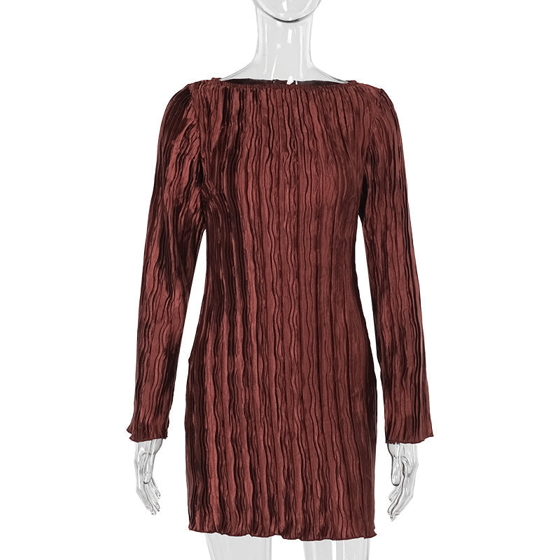 Elegant Slim Fit Long Sleeve Pleated Dress Textured Fabric