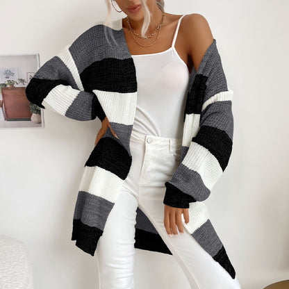 Striped Open Front Cardigan with Long Length