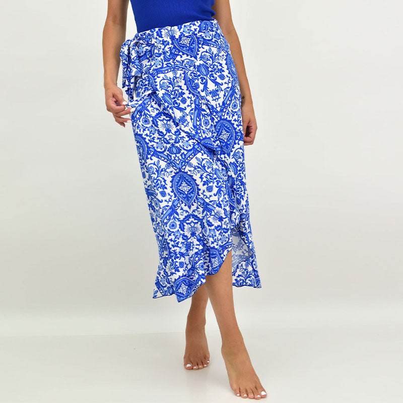 Paisley Print Wrap Maxi Skirt with Irregular Hem