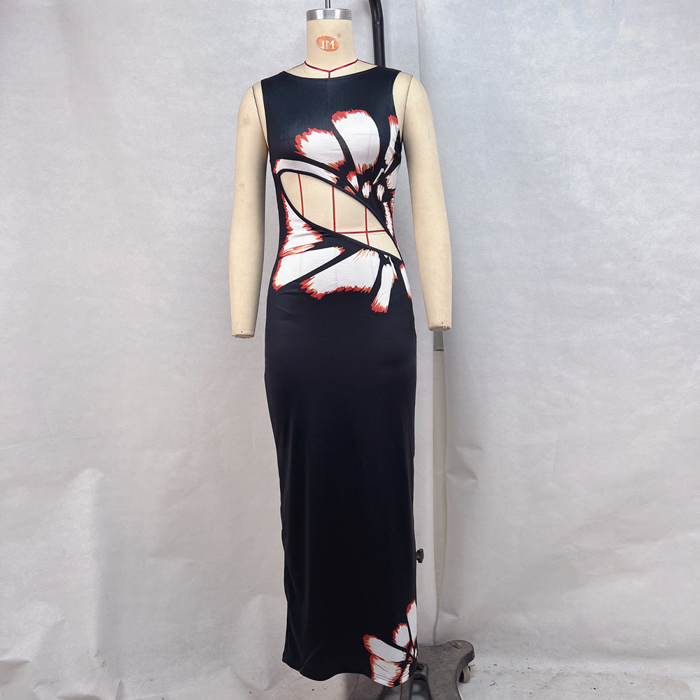 Retro Printed Sleeveless Slim-Fit Long Dress High Waist Hollow Design
