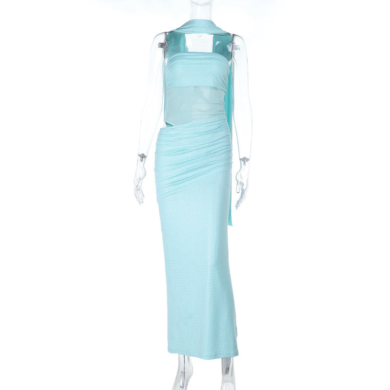 Strapless Sequined Maxi Dress with Ruched Mesh Splicing
