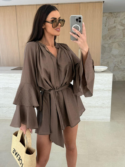 Loose Mini Dress with Tiered Bell Sleeves and Tie-Waist