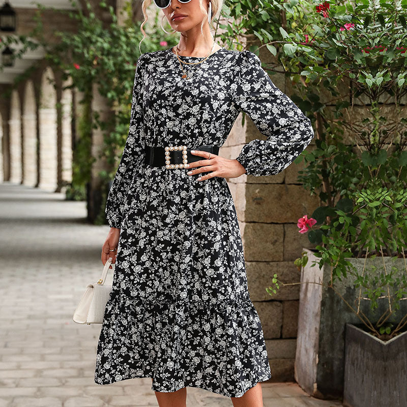 Floral A-Line Midi Dress with Long Sleeves and Tiered Hem