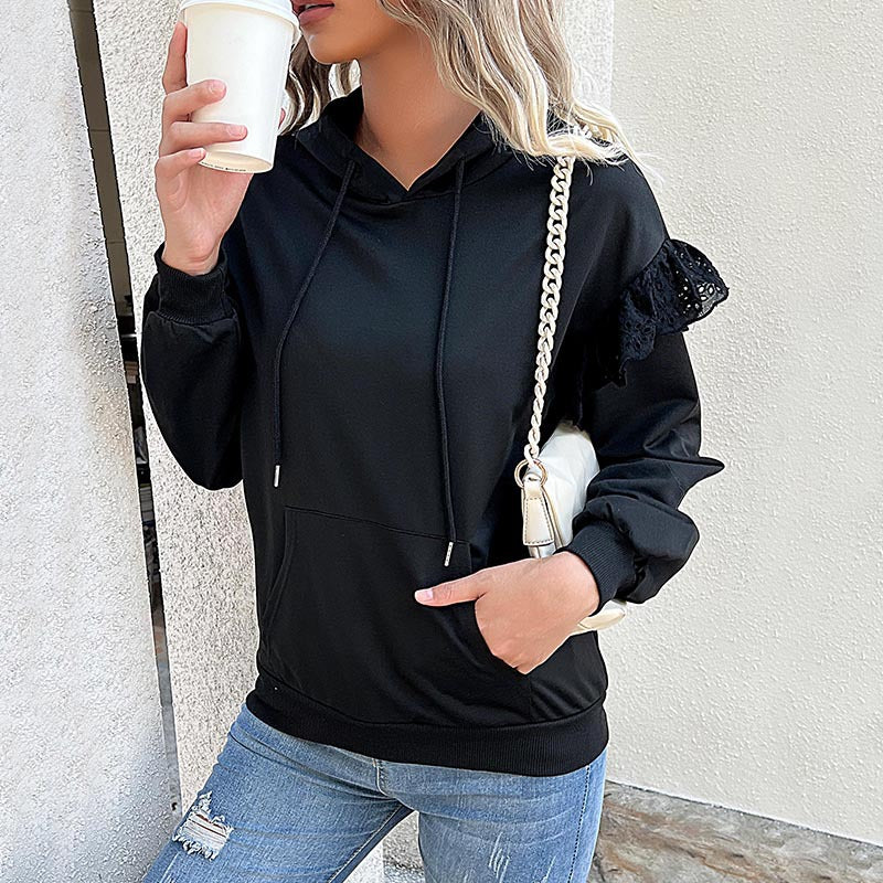 Solid Black Hooded Sweatshirt with Lace Ruffle Sleeves