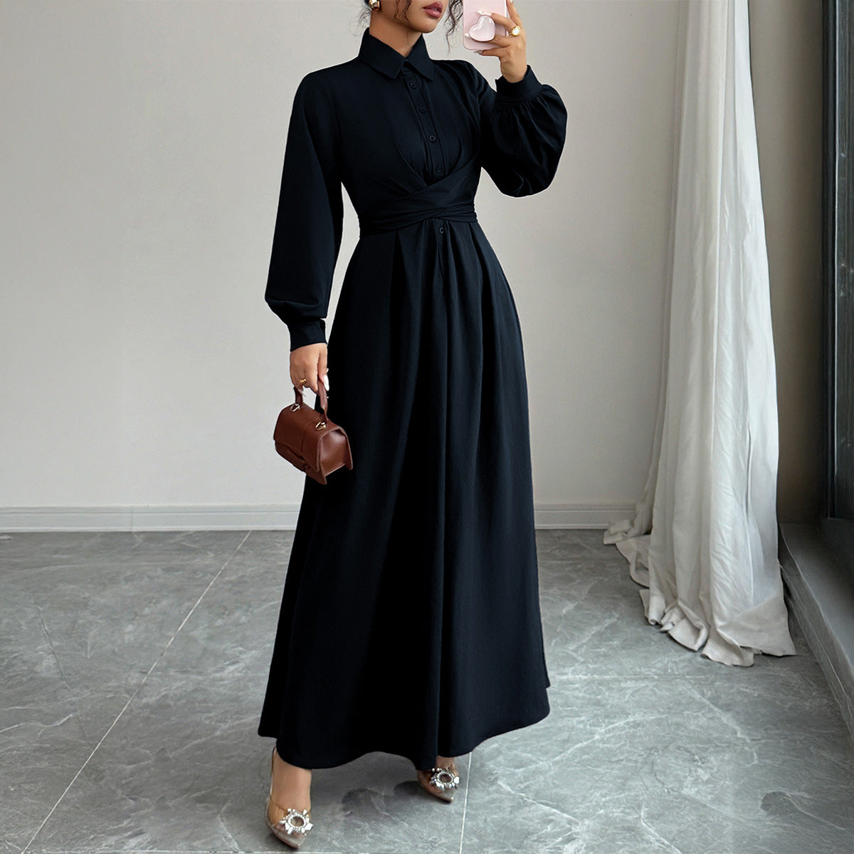 A-Line Long Dress with Lapel Collar and Pleated Wrap Waist