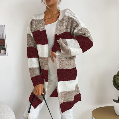 Striped Open Front Cardigan with Long Length
