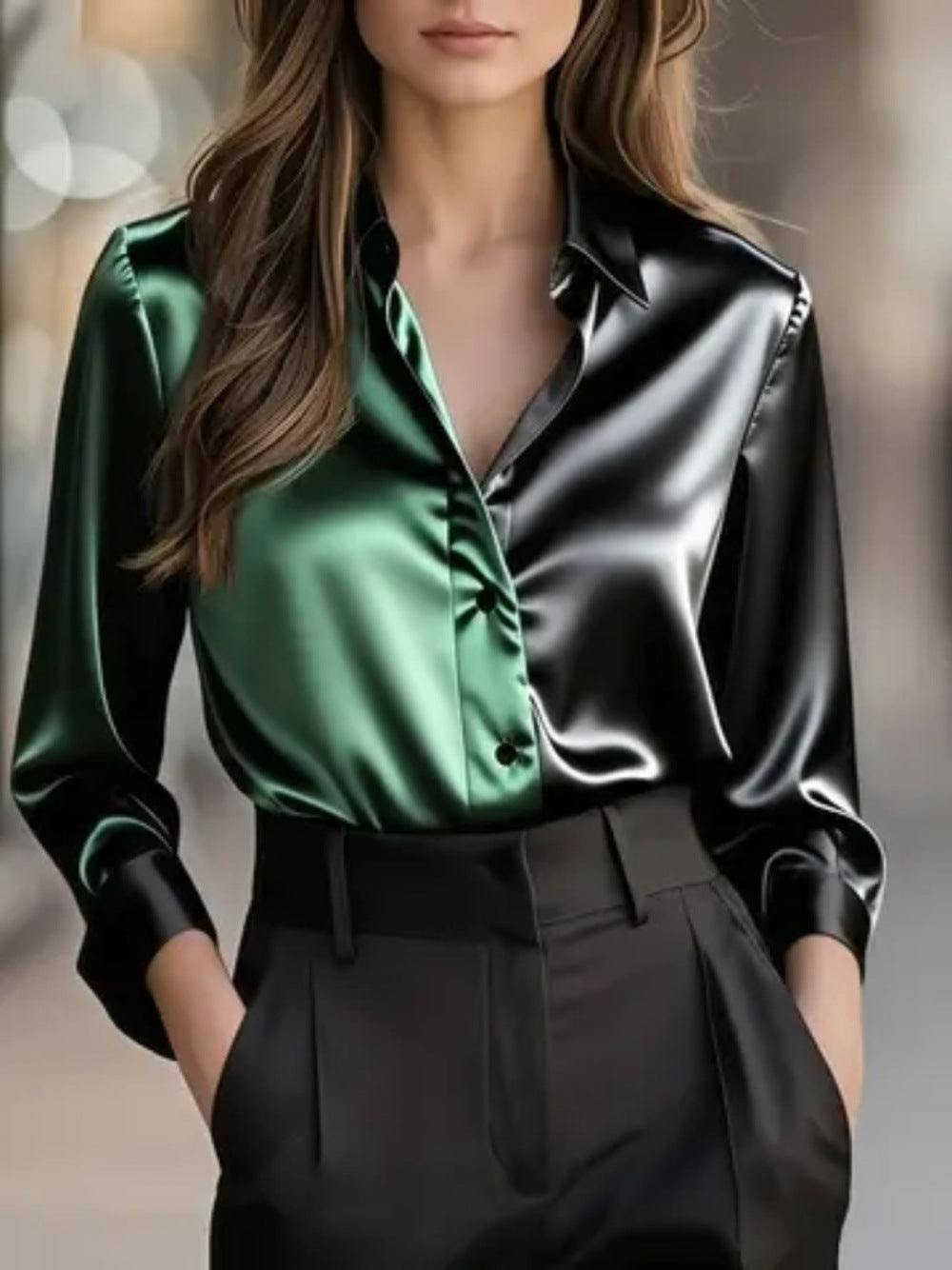 Two-Tone Satin Button-Down Shirt with Lapel Collar