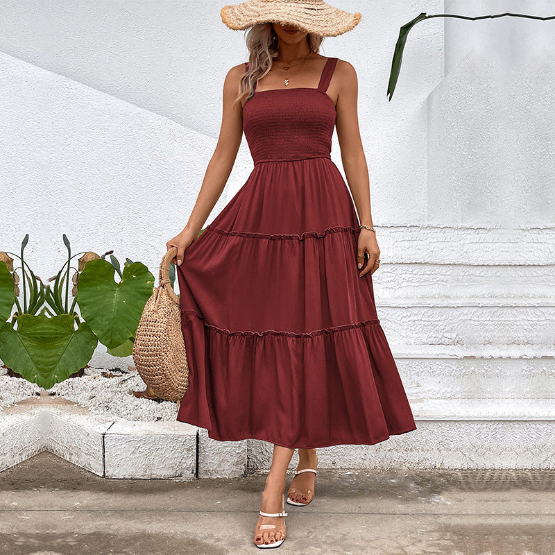 Solid A-Line Midi Dress with Smocked Bodice & Tiered Skirt