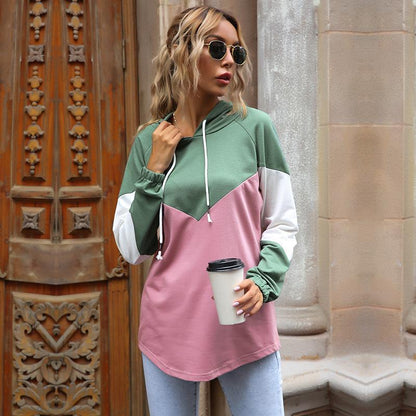 Color-Blocked Pullover Hoodie with Chevron Detail
