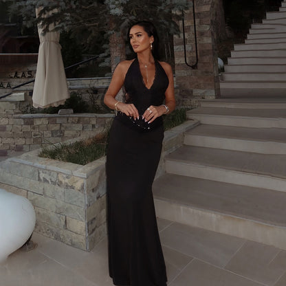 Bodycon Maxi Dress with Lace Halterneck and Deep V-Neck