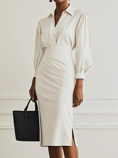 Sheath Midi Dress with V-Neck and Ruched Waist