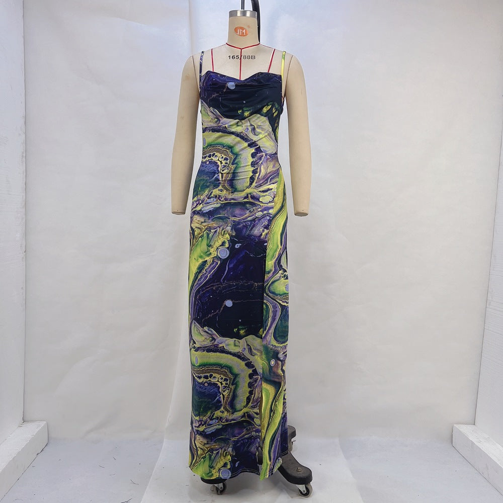 Abstract Print Cowl Neck Maxi Dress with High Slit