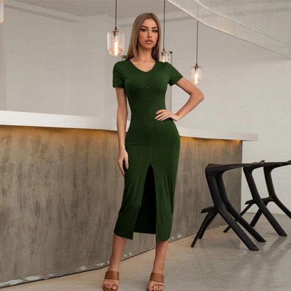 Bodycon Knit Midi Dress with Button Front and Slit