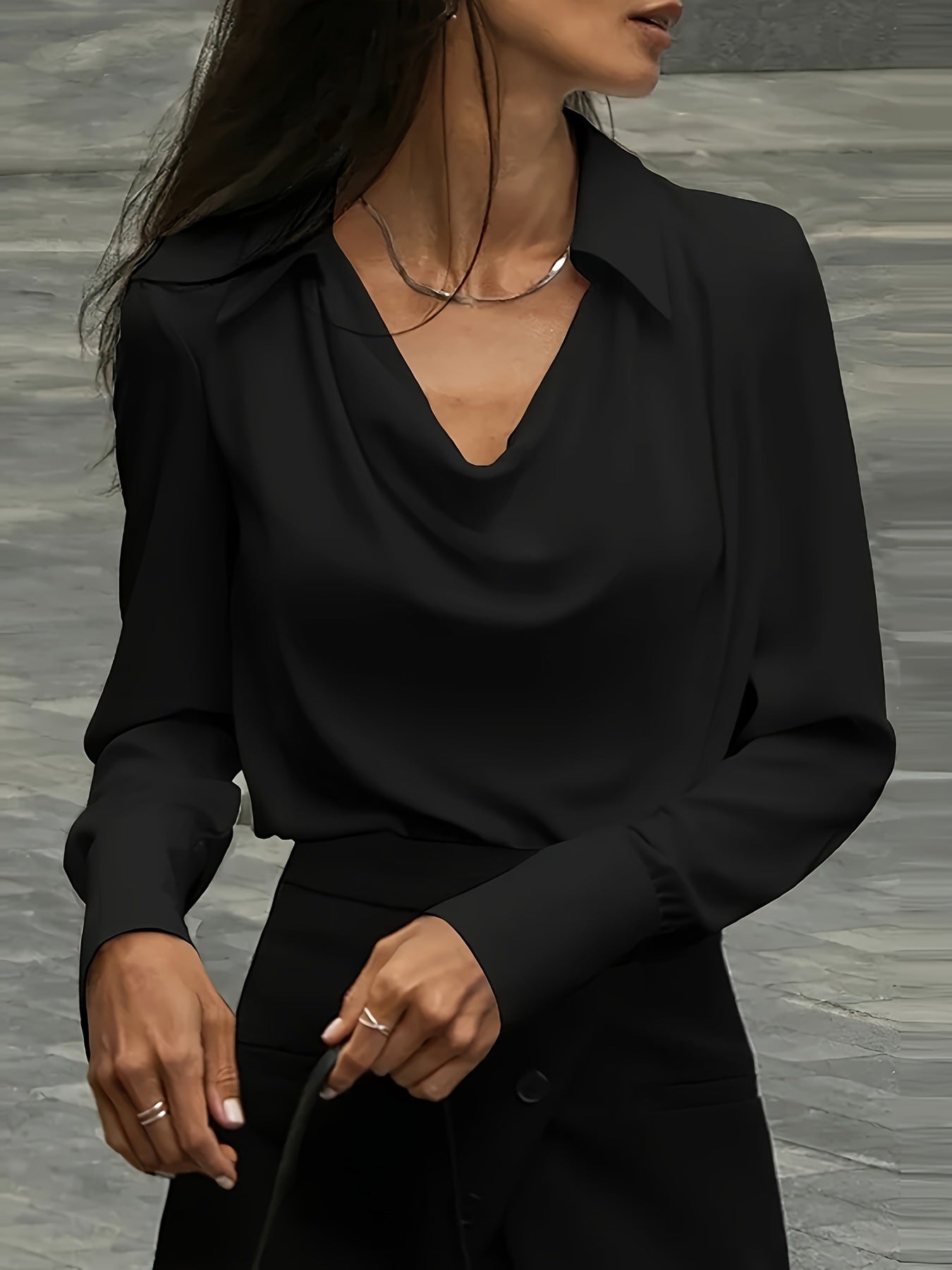Solid Color Blouse with Cowl Neck and Long Sleeves