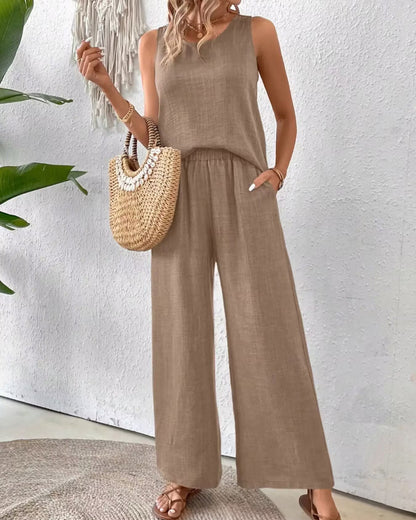 Sleeveless Pants Set with Hollow-Out Lace Back
