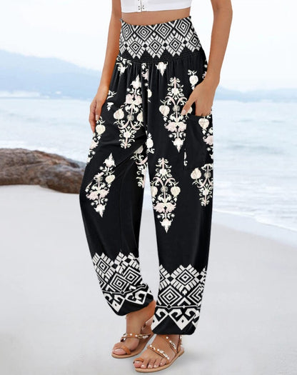 Bohemian Print Harem Pants with Smocked High Waist