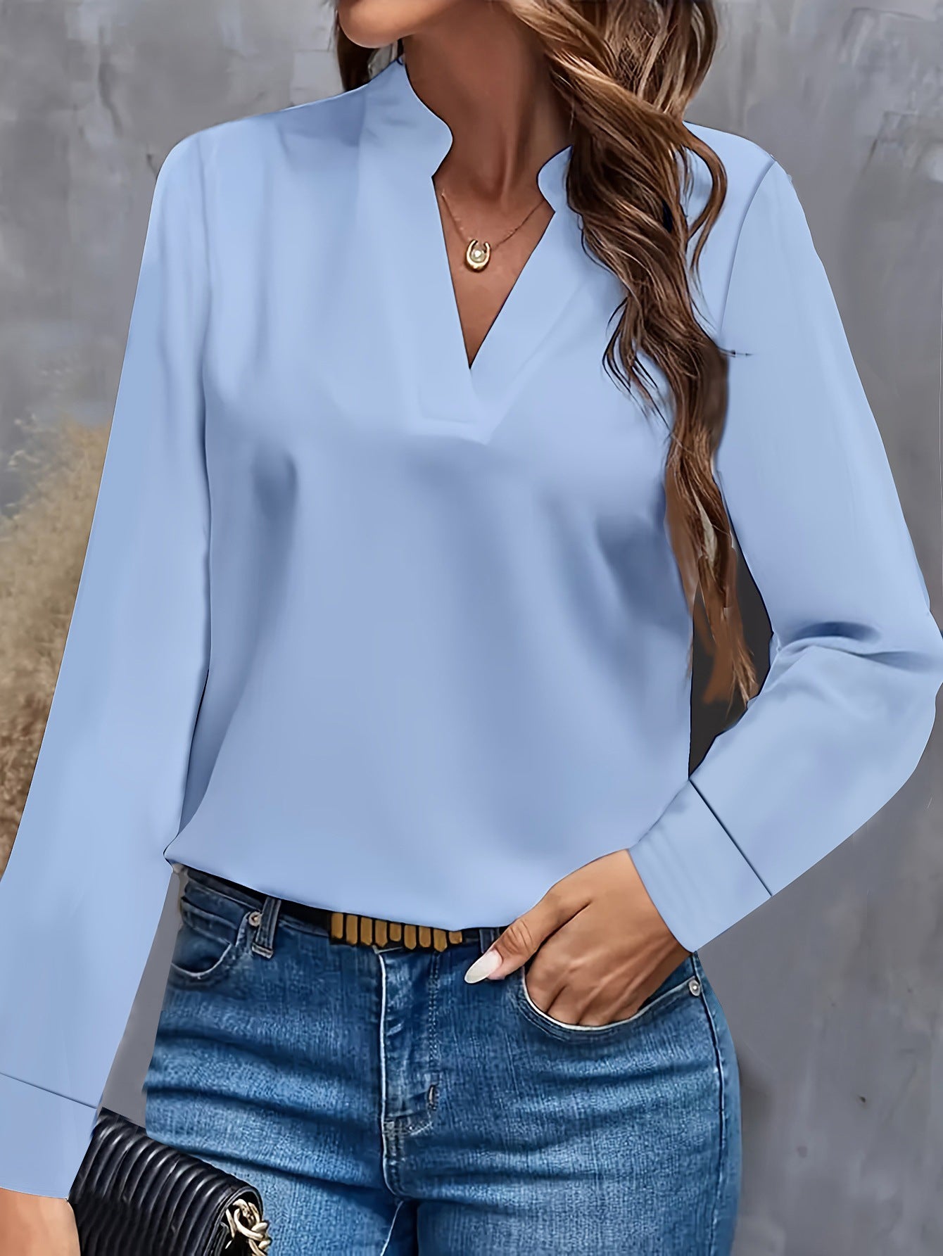 Solid Color Blouse with Stand Collar V-Neck and Long Sleeves
