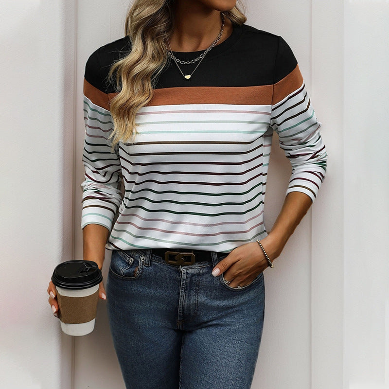 Striped Long-Sleeve Top with Color Block and Crewneck