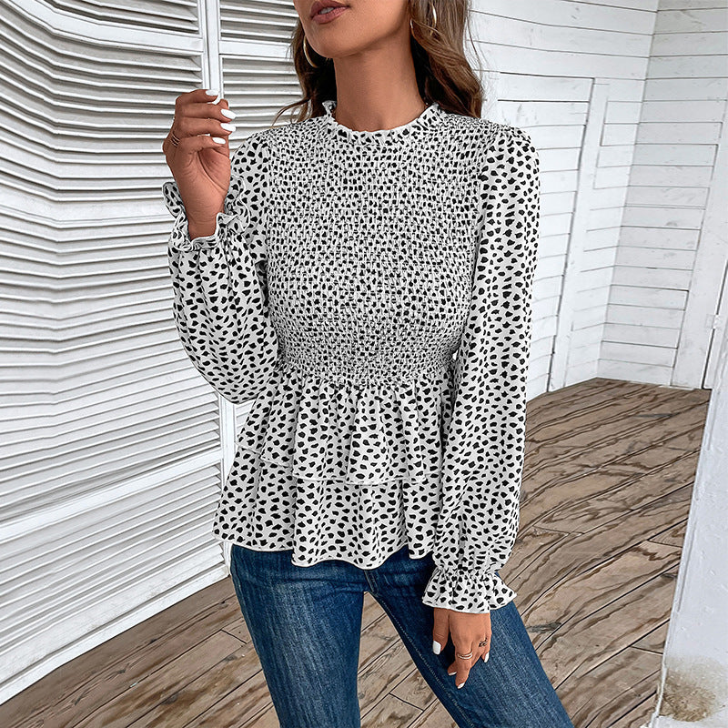 Leopard Print Mock Neck Blouse with Smocked Bodice and Peplum Hem