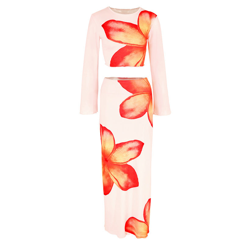 Floral Print Bodycon Midi Skirt Set with Long Sleeves