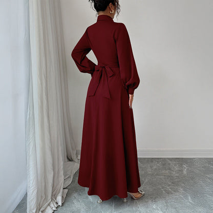 A-Line Long Dress with Lapel Collar and Pleated Wrap Waist