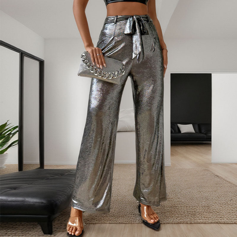 Wide-Leg Metallic Pants with Self-Tie Waist