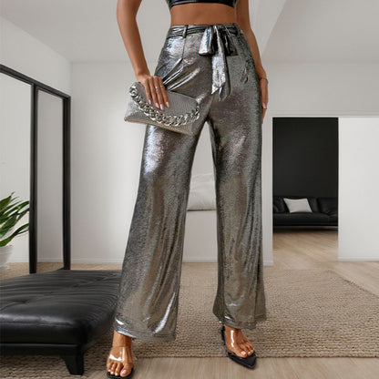 Wide-Leg Metallic Pants with Self-Tie Waist