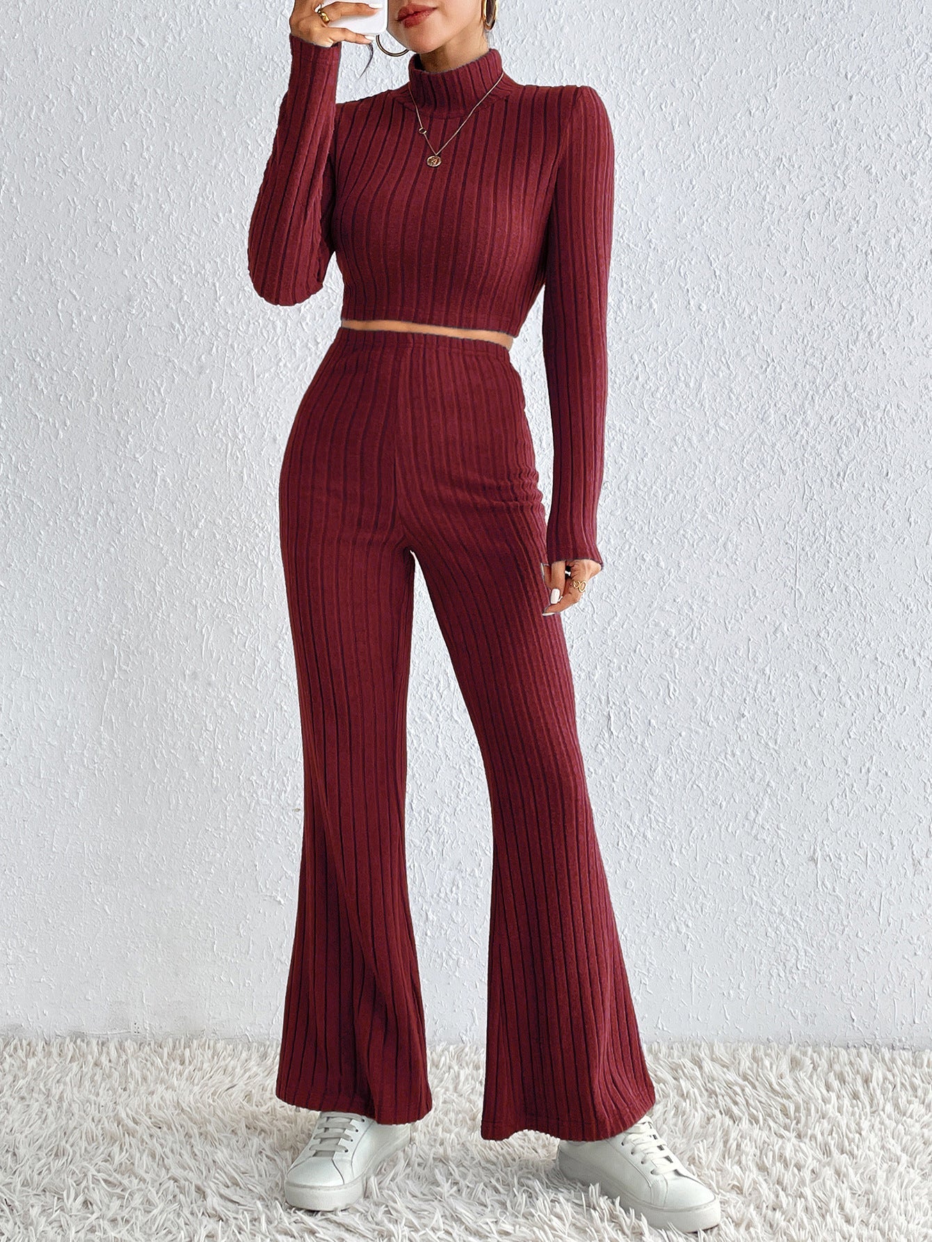 Ribbed Knit Two-Piece Set with Turtleneck and Wide-Leg Pants