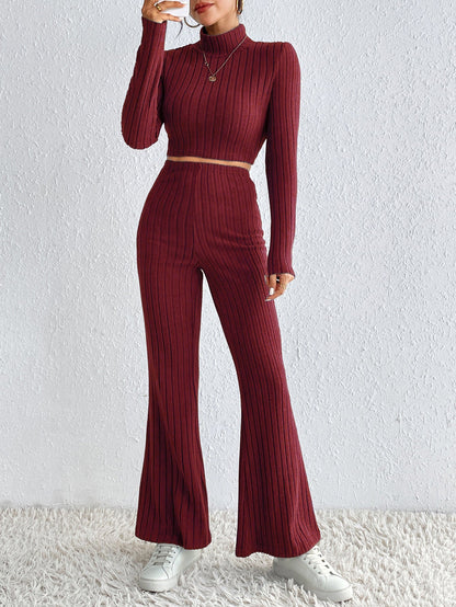 Ribbed Knit Two-Piece Set with Turtleneck and Wide-Leg Pants