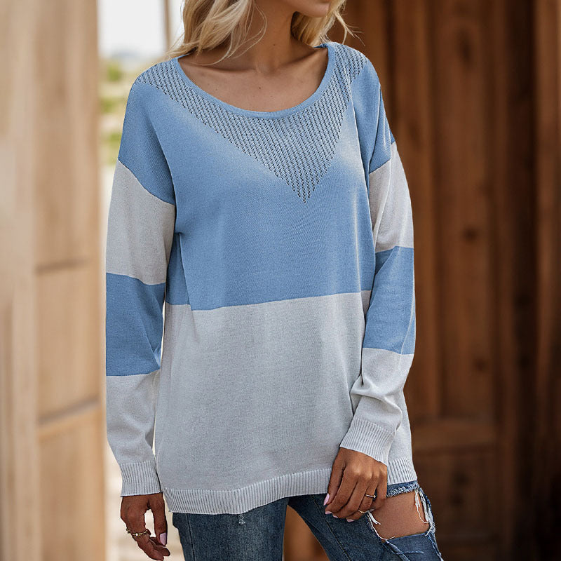 Color-Block Striped Knit Sweater with Pointelle V-Detail