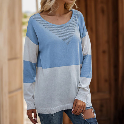 Color-Block Striped Knit Sweater with Pointelle V-Detail