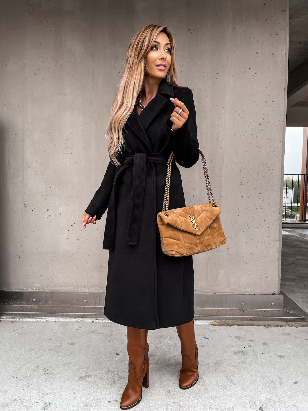 Solid Long Wrap Coat with Lapel Collar and Tie Belt