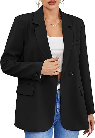 Solid Double-Breasted Blazer with Notched Lapel and Flap Pockets
