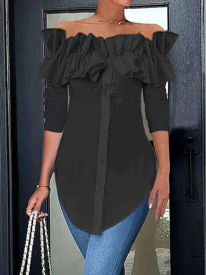 Solid Off-Shoulder Ruffled Button-Down Blouse