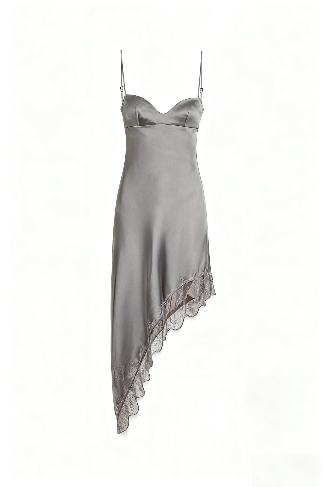 Asymmetrical Viscose Satin Slip Dress with Lace Trim
