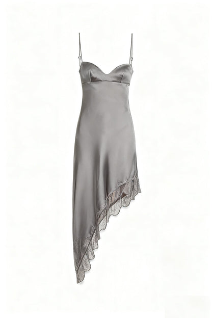Asymmetrical Viscose Satin Slip Dress with Lace Trim