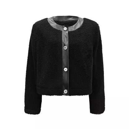 Cropped Teddy Faux Fur Jacket with Faux Leather Trim