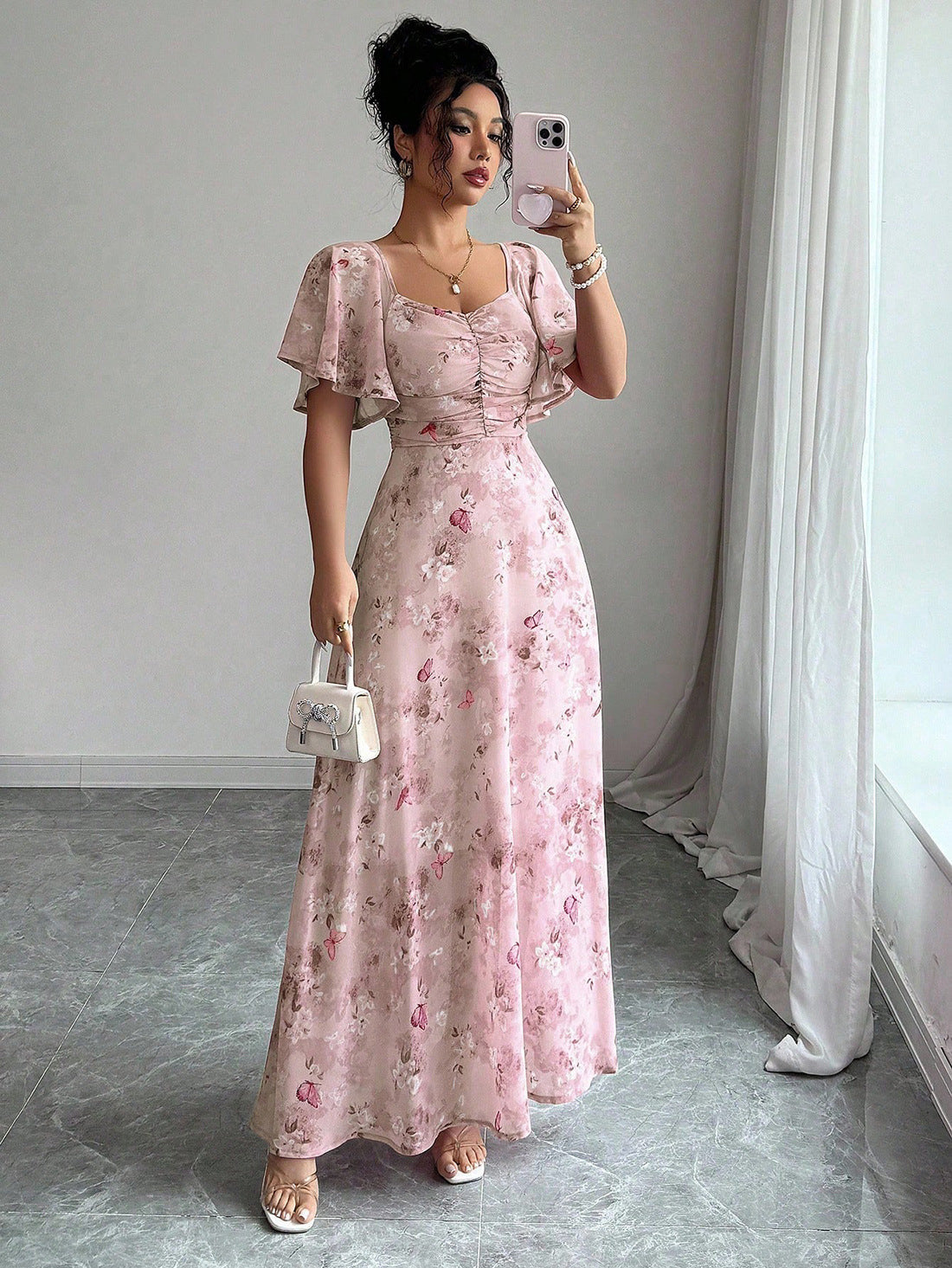 Floral Print Maxi Dress with Flutter Sleeves and Ruched Bust