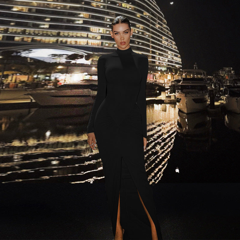 Long-Sleeve Bodycon Maxi Dress with Ruched Waist and High Slit