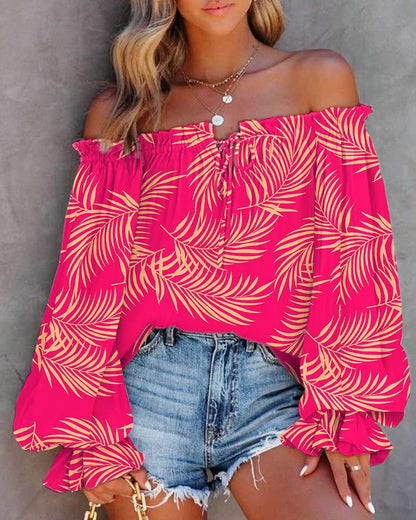Leaf Print Off-Shoulder Blouse with Balloon Sleeves