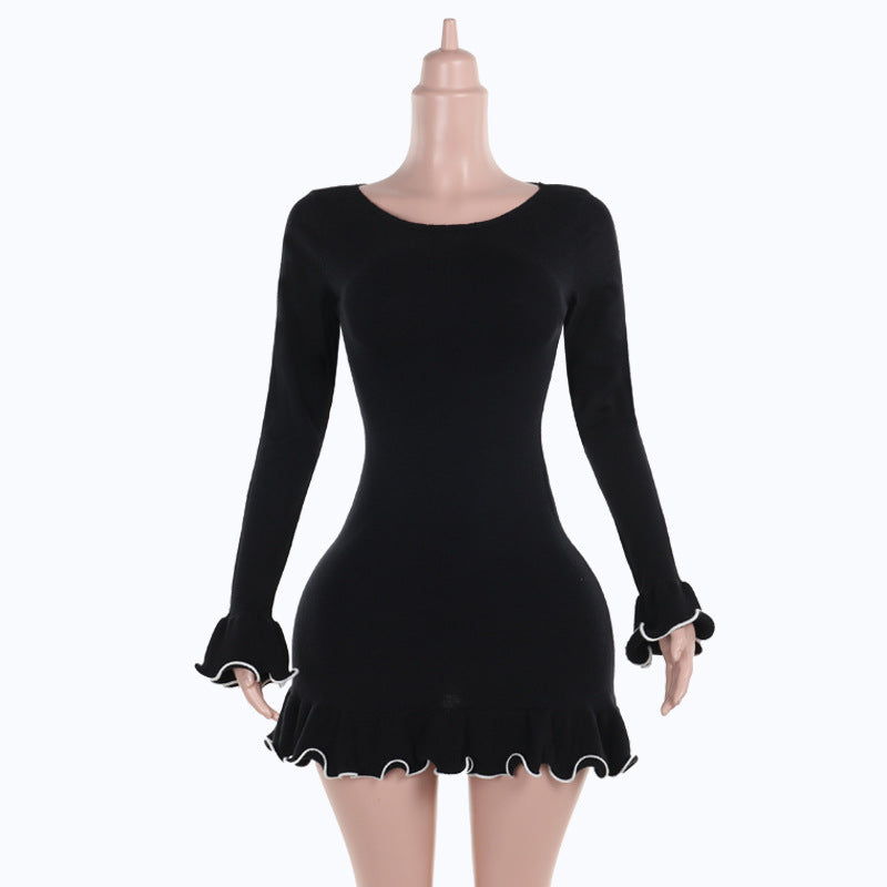 Bodycon Mini Dress with Contrast Lettuce Edge and Flared Cuffs