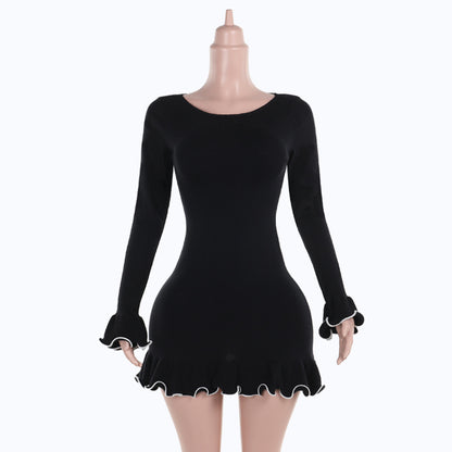 Bodycon Mini Dress with Contrast Lettuce Edge and Flared Cuffs