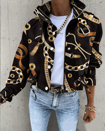Printed Cropped Jacket with High Collar and Flap Pockets