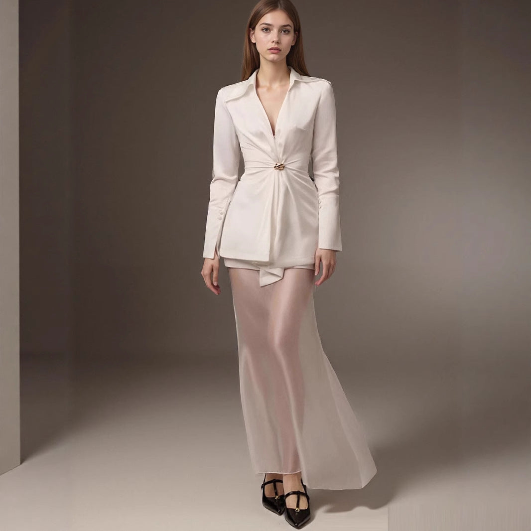 Satin V-Neck Blouse with Wrapped Waist and Buckle