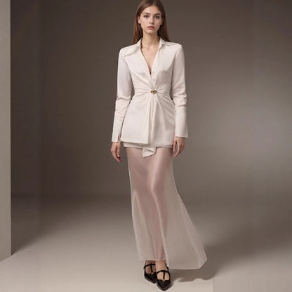 Satin V-Neck Blouse with Wrapped Waist and Buckle